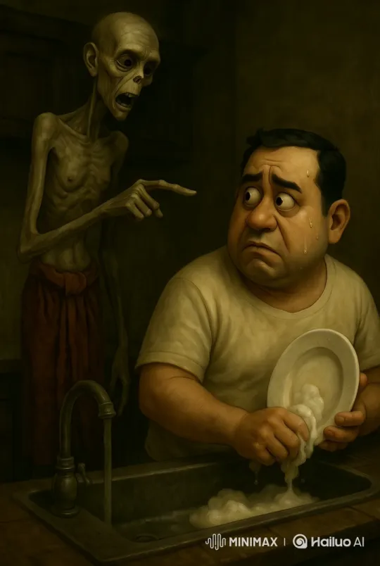 Man Washes Dishes as Skeletal Figure Commands – AI Generated Video | Hailuo AI