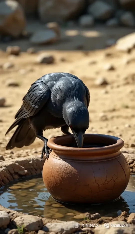 Calm Crow Drinking from Pot in Natural Setting – AI Generated Video | Hailuo AI