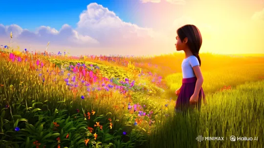 Girl's Journey: Hope and Determination in a Sunlit Meadow – AI Generated Video | Hailuo AI