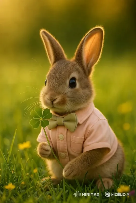 Baby Bunny Finds Lucky Clover in Sunlit Meadow – AI Generated Video | Hailuo AI