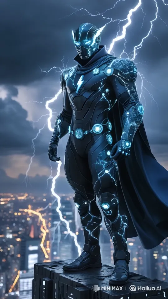 Hero in High-Tech Suit Battles Villain Amid Lightning – AI Generated Video | Hailuo AI