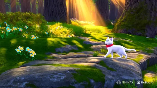 Enchanted Forest: White Cat Amidst Ancient Trees – AI Generated Video | Hailuo AI