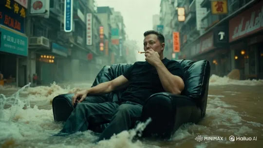 Elon Musk Smokes Amidst Flooded Asian Street Chaos – AI Generated Video | Hailuo AI