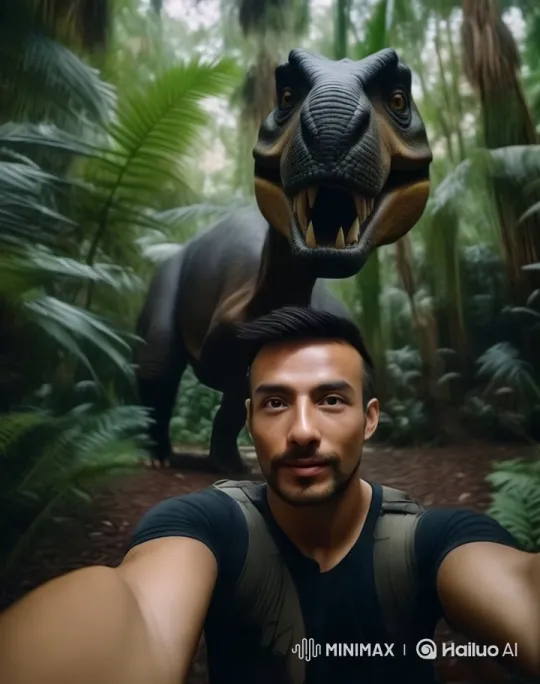 Selfie with a Roaring Dinosaur in Lush Jungle – AI Generated Video | Hailuo AI