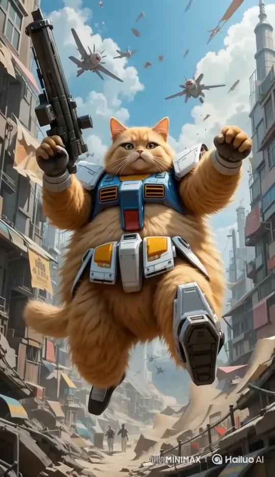 Futuristic Armored Cat Battles in War-Torn Cityscape – AI Generated Video | Hailuo AI