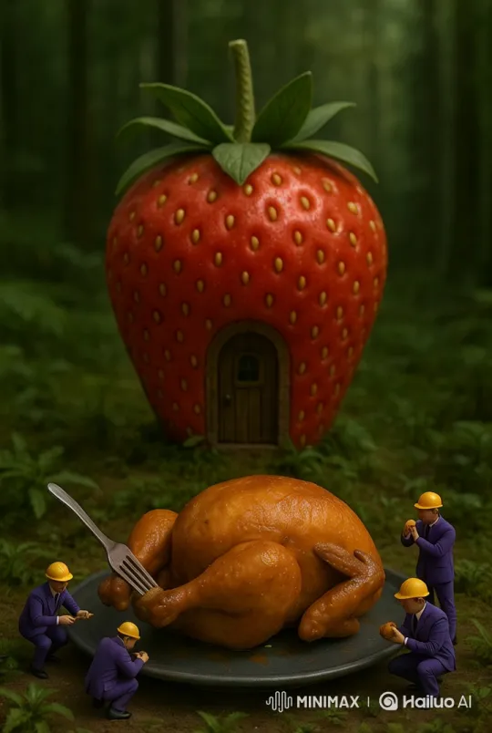 Miniature People Feast on Giant Roasted Chicken in Enchanted Forest – AI Generated Video | Hailuo AI