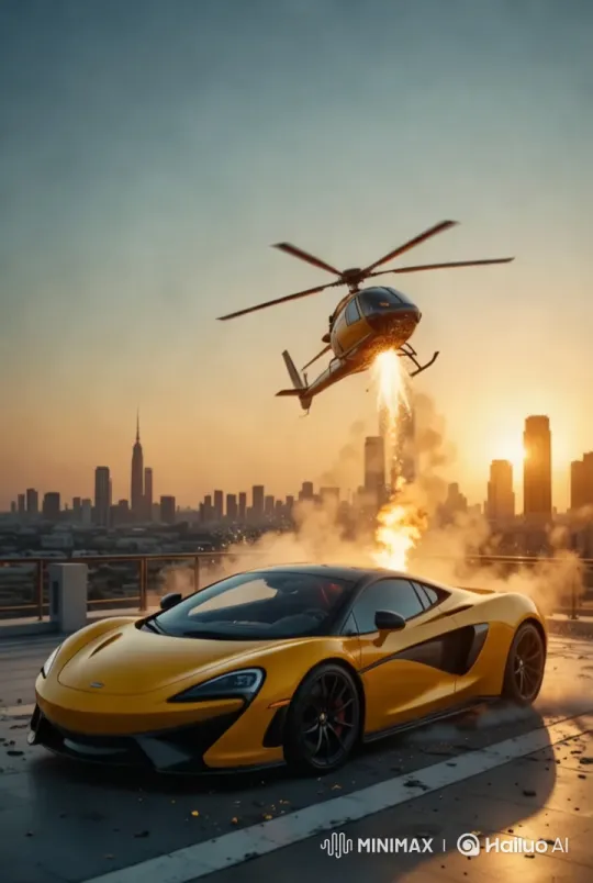 McLaren 765LT Destroyed in Rooftop Helicopter Crash – AI Generated Video | Hailuo AI