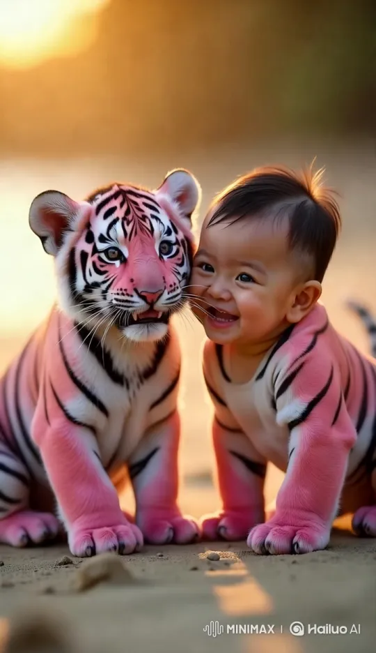 Baby and Striped Tiger Bond in Serene Sunset Setting – AI Generated Video | Hailuo AI