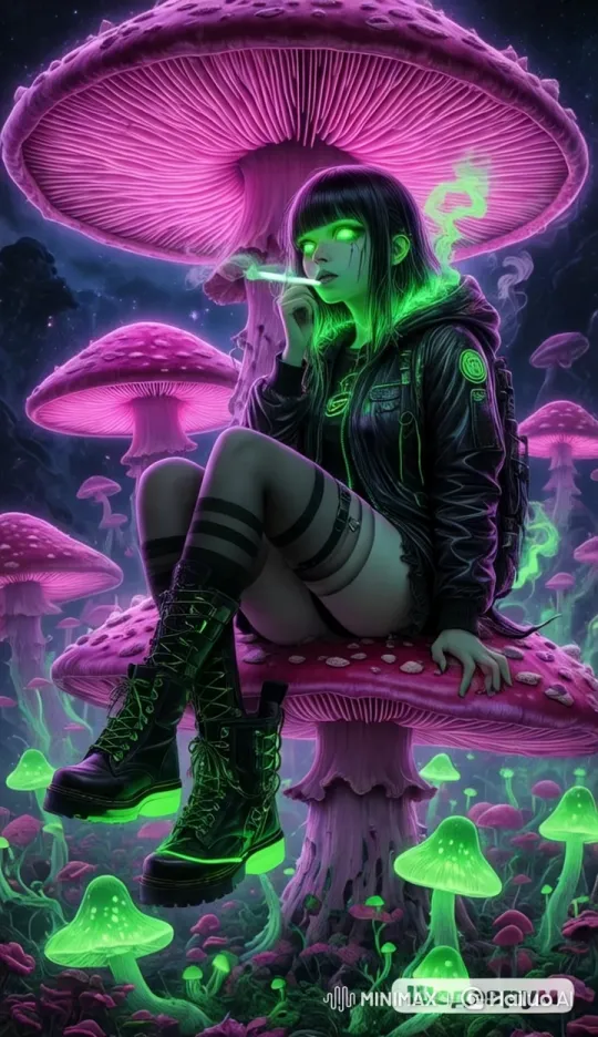 Girl on Neon Mushroom in Psychedelic Dark Aesthetic – AI Generated Video | Hailuo AI