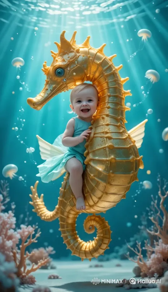 Child on Golden Seahorse in Enchanted Underwater World – AI Generated Video | Hailuo AI