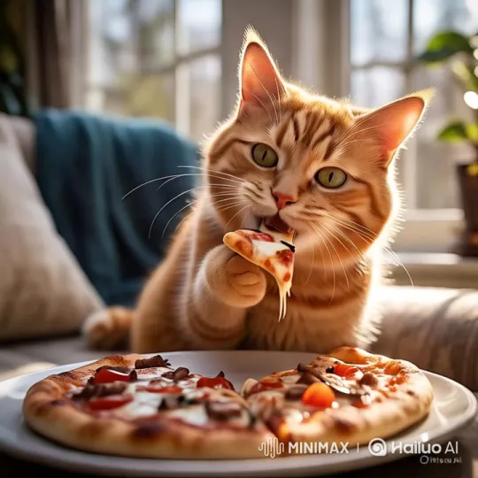 Ginger Cat Mimics Eating Pizza with Whisker Twitch – AI Generated Video | Hailuo AI