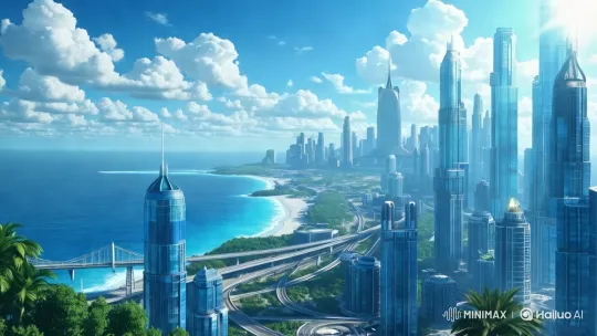 Futuristic Coastal Cityscape Exploration – AI Generated Video | Hailuo AI