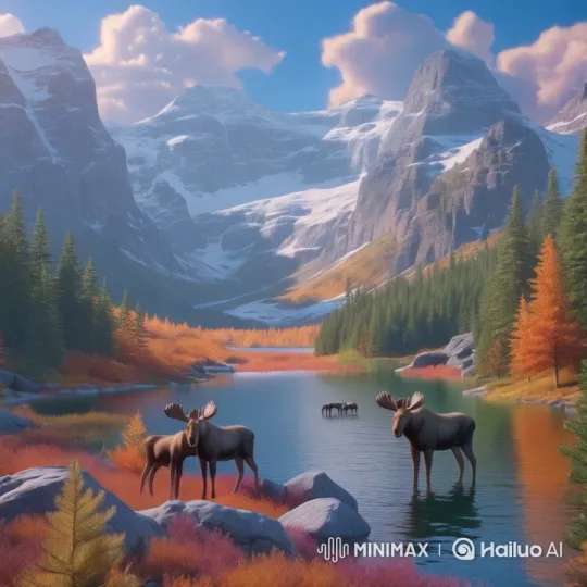 Autumn Serenity: Moose Grazing in Vibrant Valley – AI Generated Video | Hailuo AI