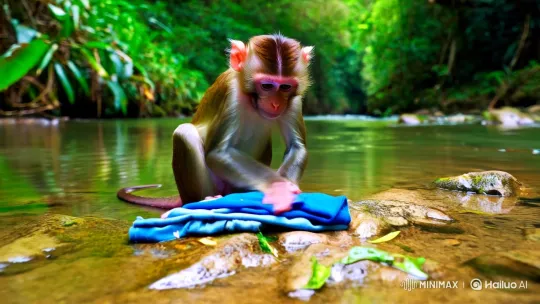 Monkey Washes Clothes in Serene Jungle Setting – AI Generated Video | Hailuo AI