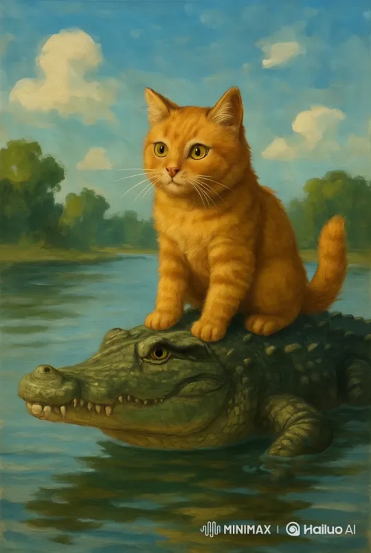 Cat and Crocodile Gliding on a Serene Jungle River – AI Generated Video | Hailuo AI