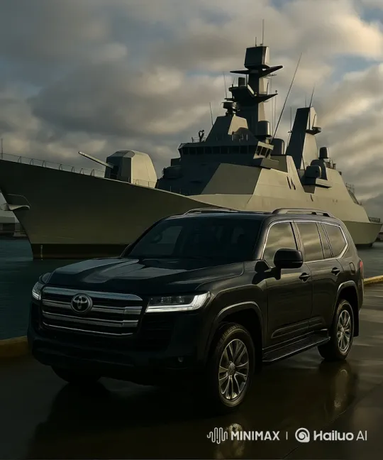 Sleek SUV Showcases Luxury Near Naval Ship at Twilight – AI Generated Video | Hailuo AI