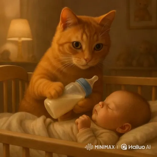 Orange Cat Tenderly Feeds Baby in Cozy Nursery – AI Generated Video | Hailuo AI
