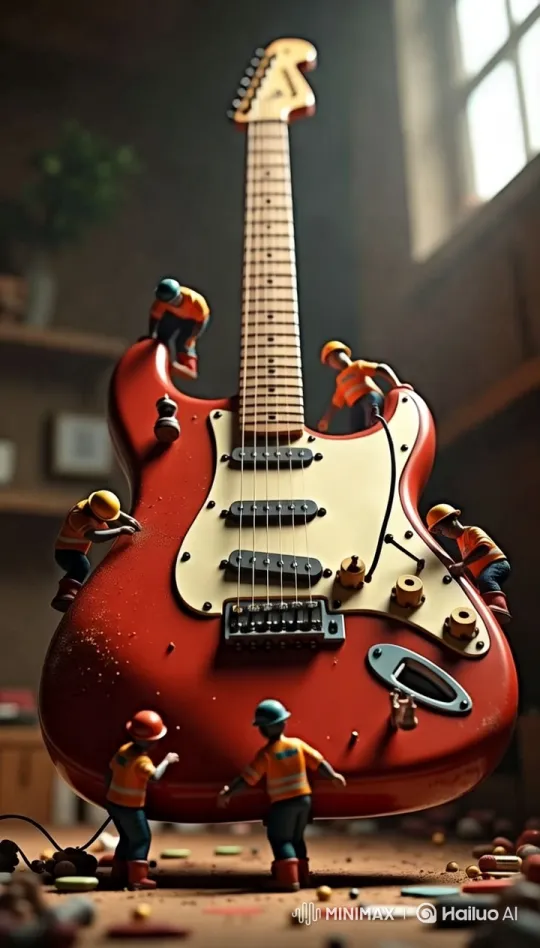Tiny Construction Crew Builds Giant Electric Guitar – AI Generated Video | Hailuo AI