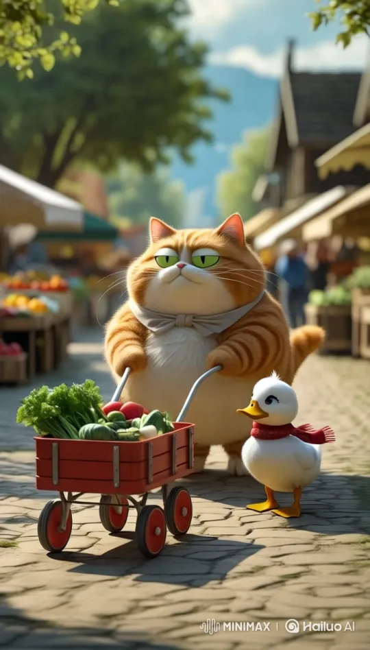 Mark the Cat and Daisy the Duck at the Market – AI Generated Video | Hailuo AI