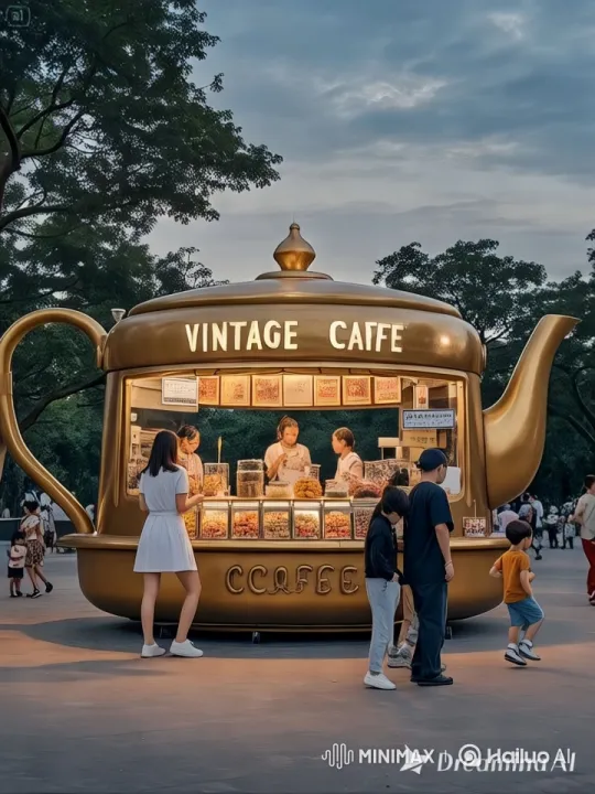 Vintage Cafe: Unique Kettle Stall in Bustling City Park – AI Generated Video | Hailuo AI