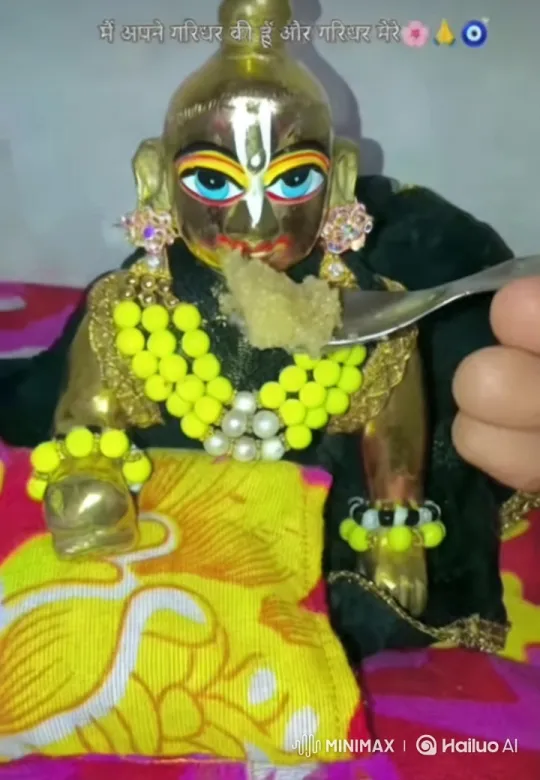 Krishna Idol Enjoys Halwa Offering in Vibrant Setting – AI Generated Video | Hailuo AI