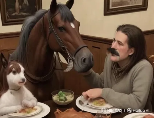 Surreal Dinner: Horse, Rabbit, and Owner's Whimsical Meal – AI Generated Video | Hailuo AI