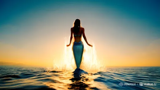 Mermaid Leaps, Transforms into Bubbles in Cinematic Sky – AI Generated Video | Hailuo AI