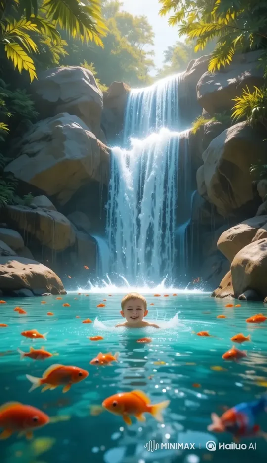 Boy Splashes with Fish in Vibrant Forest Waterfall – AI Generated Video | Hailuo AI