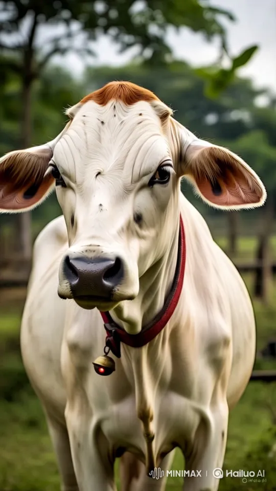 White Cow Gauri in Peaceful Pasture with Smart Bell – AI Generated Video | Hailuo AI