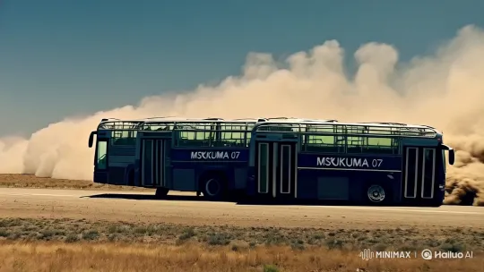Dramatic Bus Collision Captured on Dusty Road – AI Generated Video | Hailuo AI