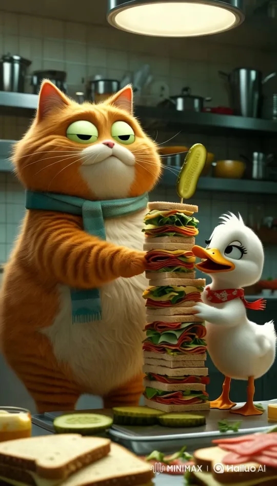 Teamwork Creates a Towering Sandwich Masterpiece – AI Generated Video | Hailuo AI
