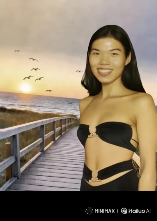 Stylish Woman on Boardwalk at Sunset – AI Generated Video | Hailuo AI