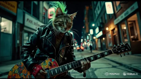 Punk Cat with Guitar in Vibrant Cityscape – AI Generated Video | Hailuo AI