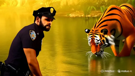Police Officer Encounters Tiger at Sunset Stream – AI Generated Video | Hailuo AI