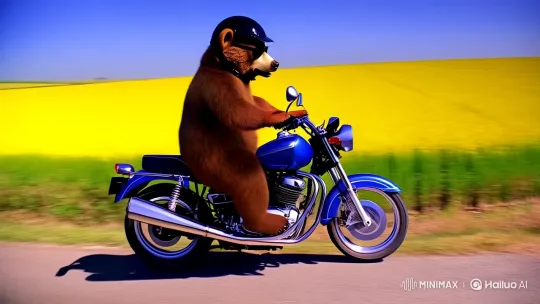 Bear on Motorcycle in Golden Rice Paddies – AI Generated Video | Hailuo AI
