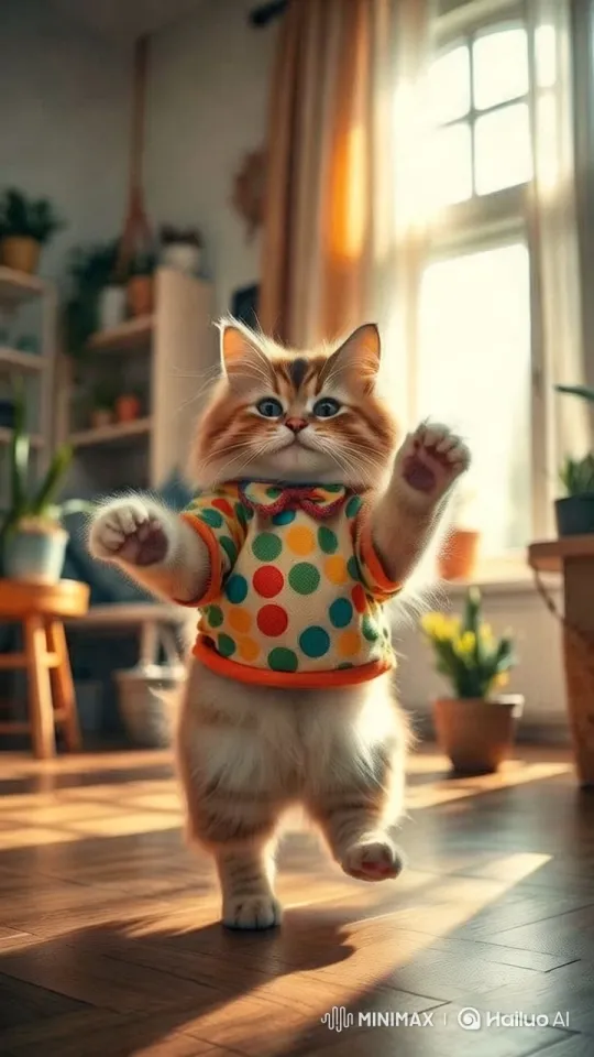 Fluffy Cat in Polka-Dot Sweater in Cozy Room – AI Generated Video | Hailuo AI