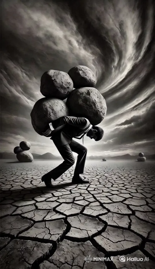 Man Struggles Underweight in Desolate Landscape – AI Generated Video | Hailuo AI