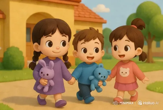 Joyful Children Hold Hands on Sunny Day – AI Generated Video | Hailuo AI