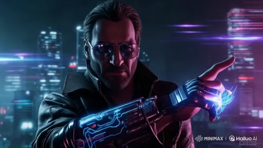 Johnny Silverhand's Cybernetic Arm Glows in Slow Motion – AI Generated Video | Hailuo AI