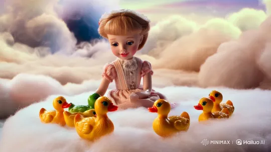 Doll Plays with Rubber Ducks in Cloudy Dreamscape – AI Generated Video | Hailuo AI