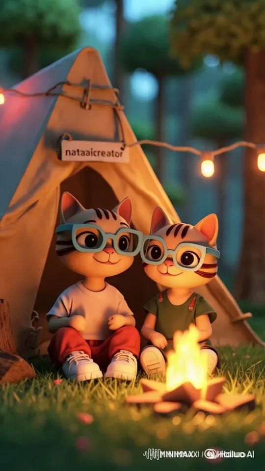 Affectionate Kitties Share Cozy Campfire Moment – AI Generated Video | Hailuo AI