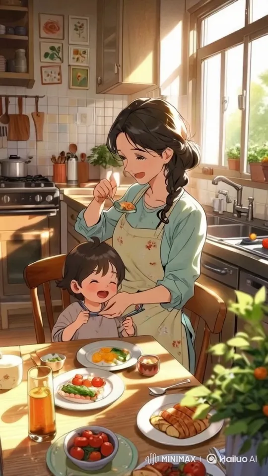 Woman Feeds Child in Sunlit Kitchen – AI Generated Video | Hailuo AI
