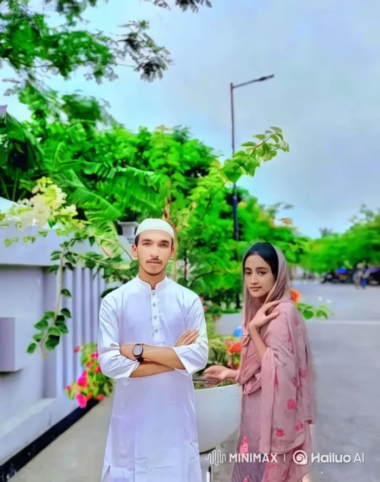 Couple in Traditional Attire Amidst Lush Greenery – AI Generated Video | Hailuo AI
