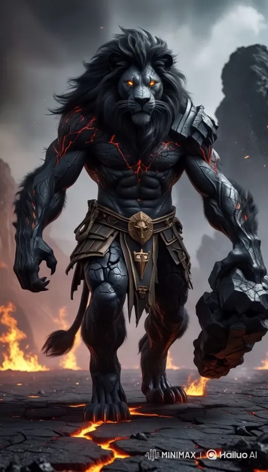 Majestic Lion-Like Creature on Fiery Volcanic Landscape – AI Generated Video | Hailuo AI
