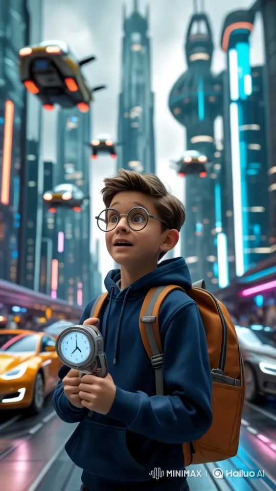 Boy in Future City with Time Device - Sci-Fi Scene – AI Generated Video | Hailuo AI