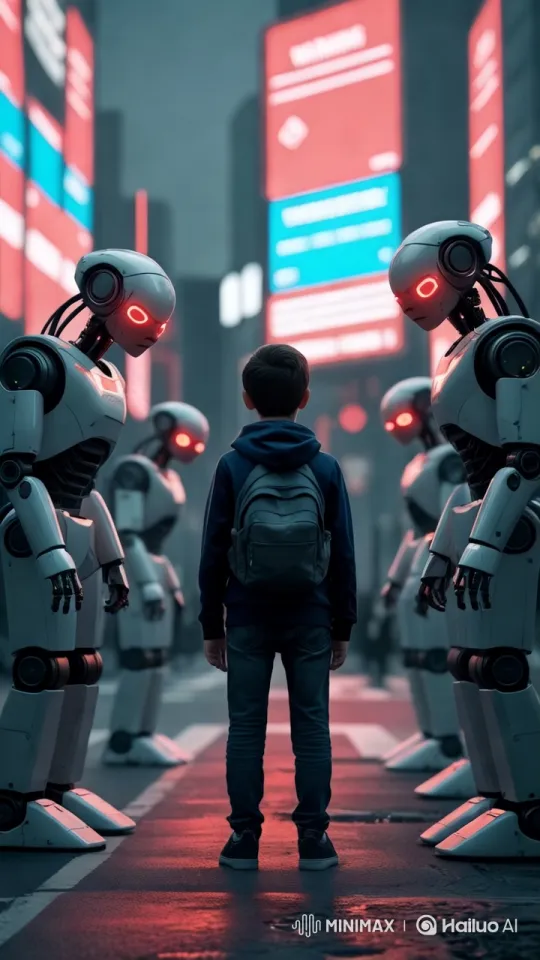 Boy Nervously Stands Amongst Robots in Cyberpunk City – AI Generated Video | Hailuo AI