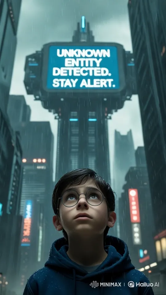 Futuristic Cityscape with Digital Warning and Boy – AI Generated Video | Hailuo AI