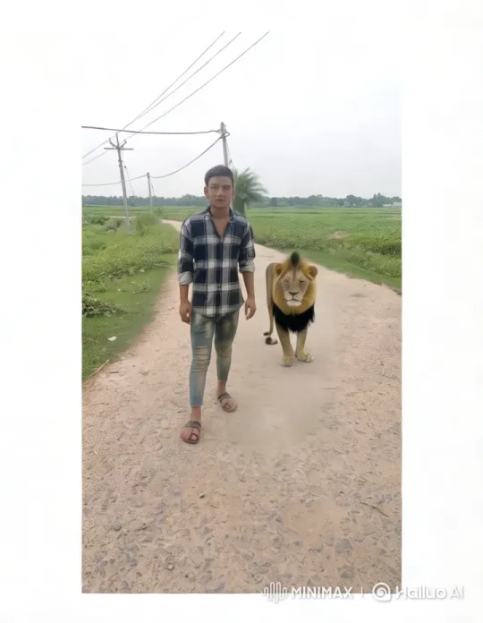 Man and Lion Walk in Harmony Through Serene Countryside – AI Generated Video | Hailuo AI