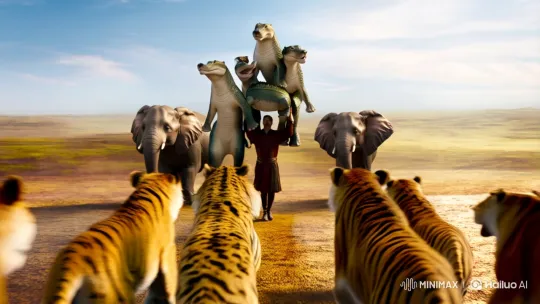 Man and Beasts: A Journey of Harmony and Dominance – AI Generated Video | Hailuo AI