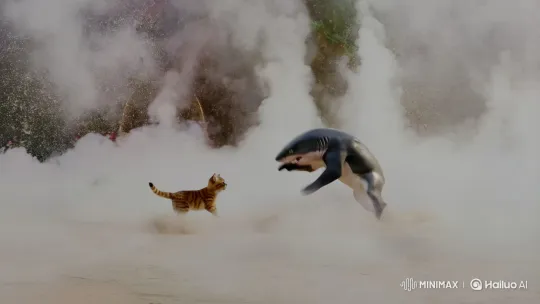 Cat vs. Shark: Whimsical Fight in Surreal Arena – AI Generated Video | Hailuo AI